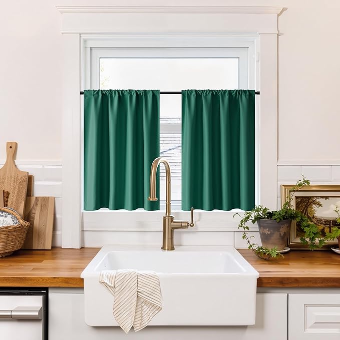 RYB HOME 100% Blackout Short Curtains for Small Window, Thermal Insulated Total Room Darkening Noise Reducing Curtains for Basement Bathroom RV Cars, 29 inches Wide by 24 inches Long, Dark Green