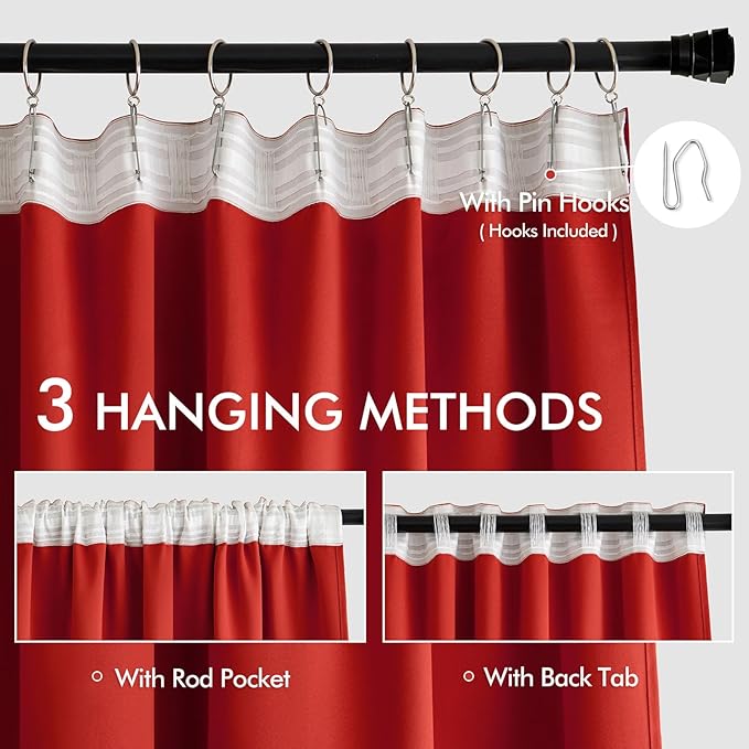 MIULEE Christmas Red Back Tab Blackout Curtains 120 Inch Long 2 Panels Set for Living Room Bedroom, Rod Pocket/Pinch Pleat Extra Long Thermal Insulated Room Darkening Pleated Light Blocking 10FT Drape