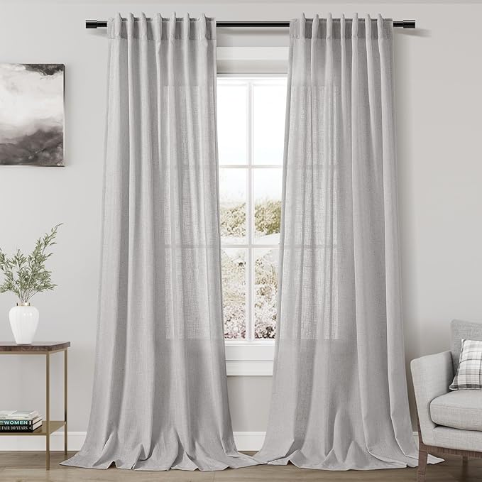Grey Linen Curtains 108 Inches Long 2 Panels Set for Living Room Extra Long Back Tab Curtains Neutral Farmhouse Light Filtering Semi Sheer Linen Drapes Ceiling to Floor for Large Window 9 FT