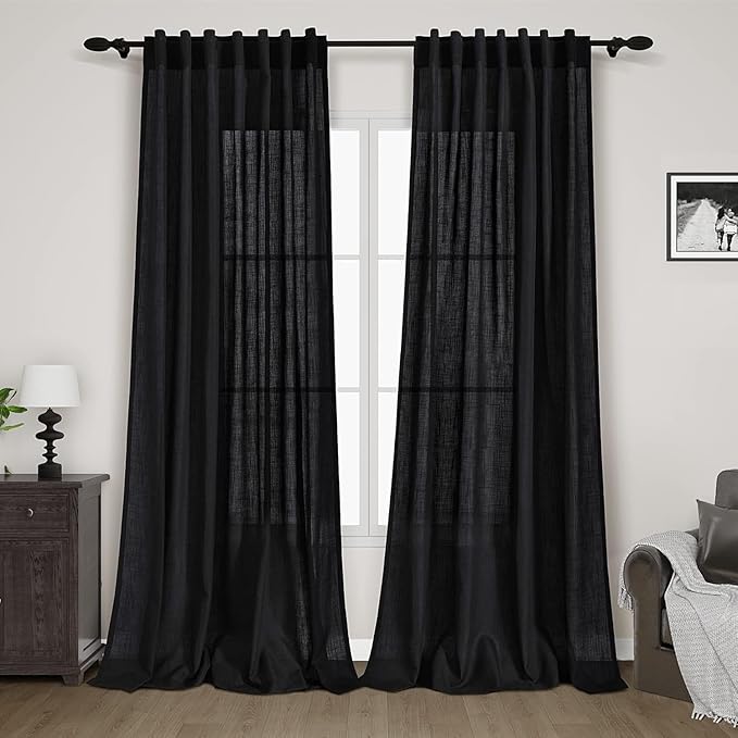 Black Linen Curtains 92 inches Long 2 Panels for Bedroom Back Tab Light Filtering Privacy Sheer Black Curtains Muslin Look Modern Farmhouse Cotton Textured Gauze Curtain for Living Room 2 Panel Set