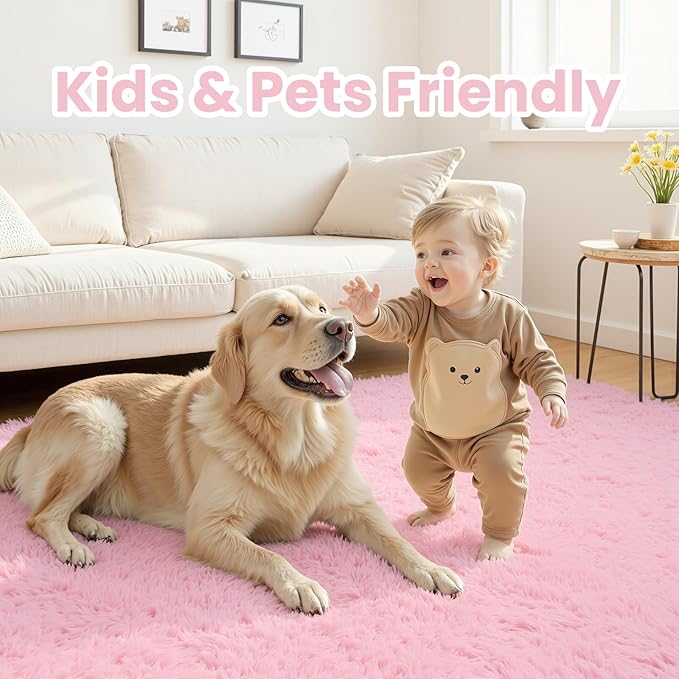6x9 Area Rugs for Living Room Rug: Soft Fluffy Shag Light Pink Rugs for Bedroom, Non-Slip Large Fuzzy Plush Rug Indoor Floor Carpet for Nursery Kids Boys Girls Room, Dorms, Playroom, Modern Home Decor