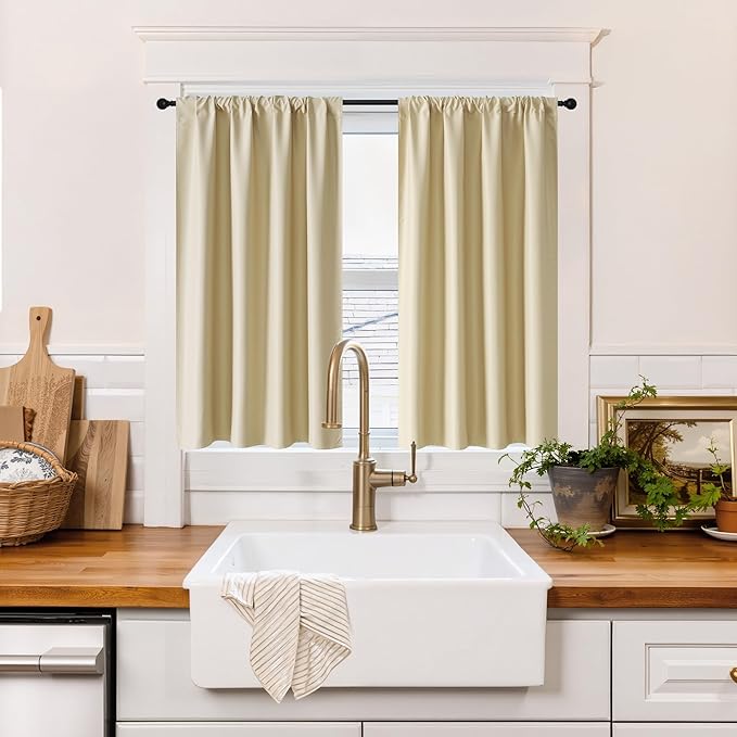 RYB HOME 100% Blackout Short Curtains for Small Window, Thermal Insulated Total Room Darkening Noise Reducing Curtains for Basement Bathroom RV Cars, 29 inches Wide by 36 inches Long, Biscotti Beige