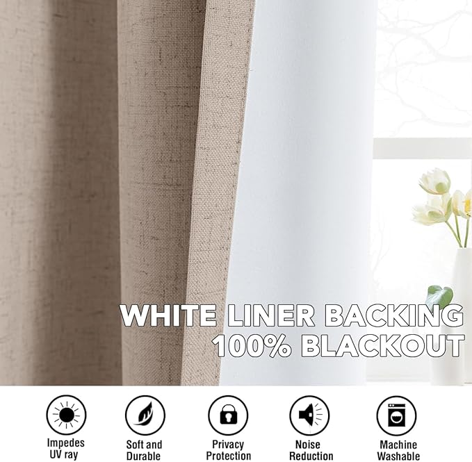 H.VERSAILTEX Linen Curtains 100% Blackout Curtains for Bedroom 96 inch Long Full Light Blocking Nature Linen Blended Window Curtains for Living Room Nickel Grommet (2 Panels, Heathered Sand)