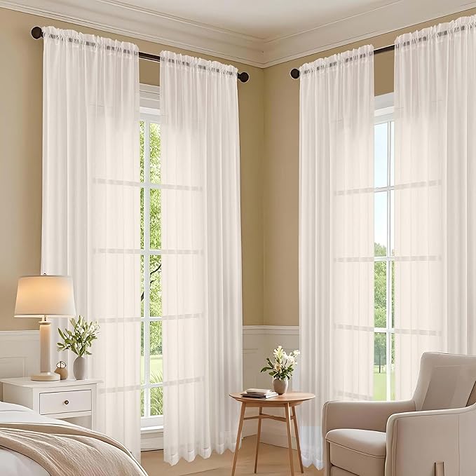 OVZME Cream Sheer Curtains 84 Inches Long 2 Panels Set, Light Filtering Sheer Curtains for Living Room Bedroom 59 Inch Extra Wide, Modern Voile Filmy Rod Pocket Window Drapes, 59Wx84L Inches