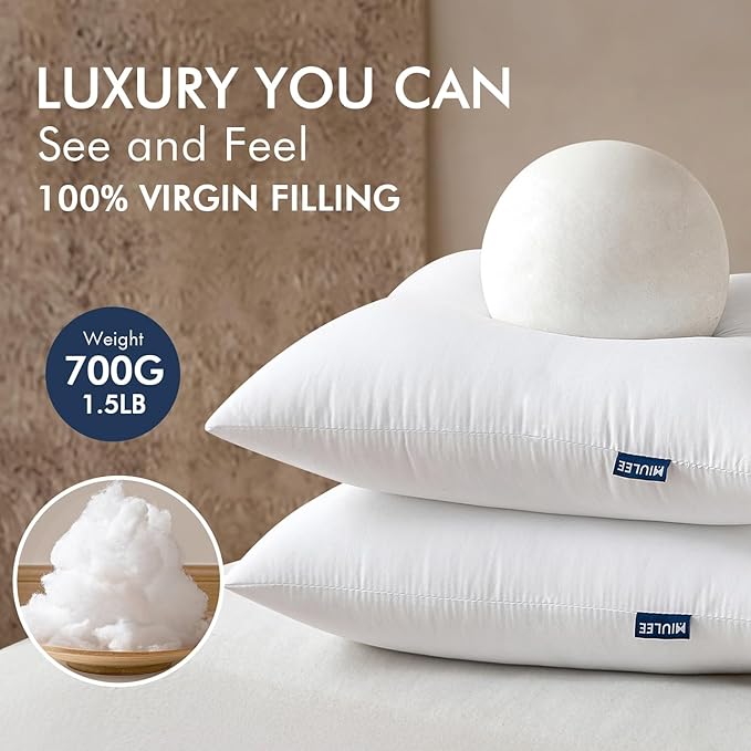 MIULEE Throw Pillows Inserts, Pack of 4 22x22 Inch 100% Virgin Fiber Filling Bed Couch Pillows