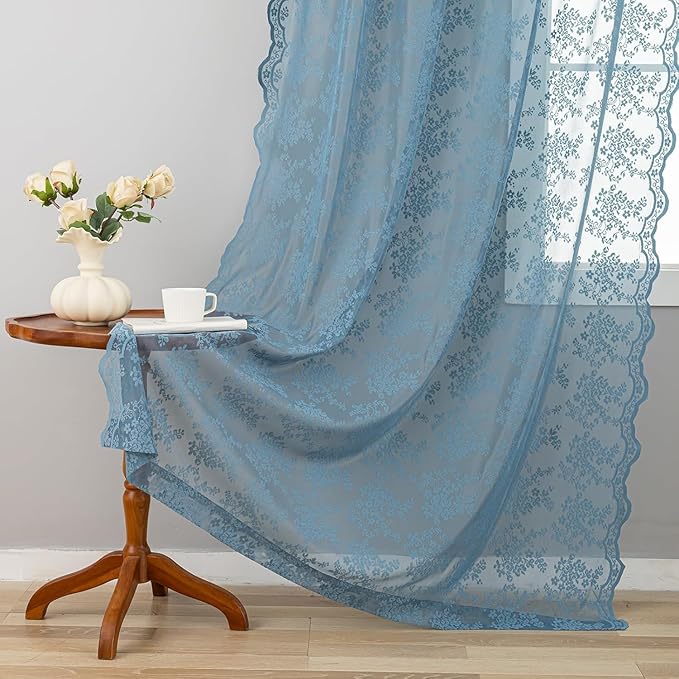 YJ YANJUN Vintage Lace Curtains 54 Inch Length for Bathroom - Slate Blue Floral Kitchen Short Sheer Window Panels with Scalloped Edge Boho Coatal Small Window Treatments Rod Pocket W52 X L54 Denim