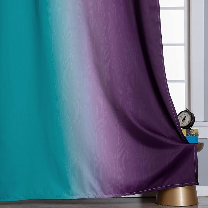 Teal and Purple Gradient Curtains 63 Inch Length 2 panels, Ombre and Wavy Line Pattern Blackout Curtains for Kids Room, Full Light Blocking Thermal Insulated Grommet Drapes for Bedroom, 52x63 Inch