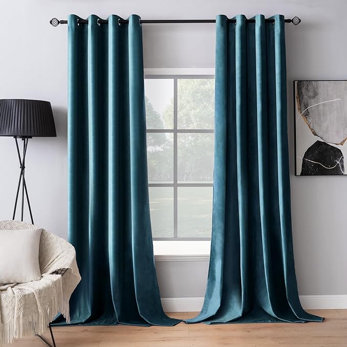 MIULEE Blue Velvet Curtains 72 Inches Length Blackout Curtains Thermal Insulated Soundproof Room Darkening Grommet Curtains/Drapes for Living Room Bedroom 52 x 72 Inch 2 Pcs Peacock Blue