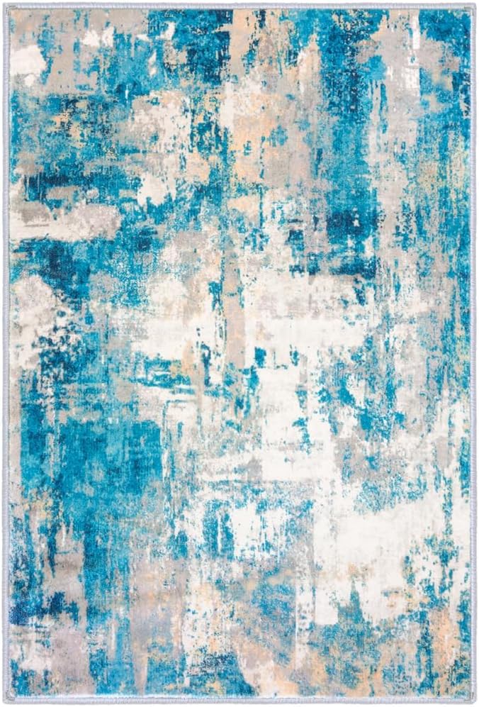 KOZYFLY Modern Abstract 3x5 Area Rug Washable Bedroom Rug Throw Entry Mat Non-Slip Stain Resistant Carpet Dining Room Rug with Soft Low Pile for Living Room Kitchen Office, Turquoise/Beige/Grey/Yellow