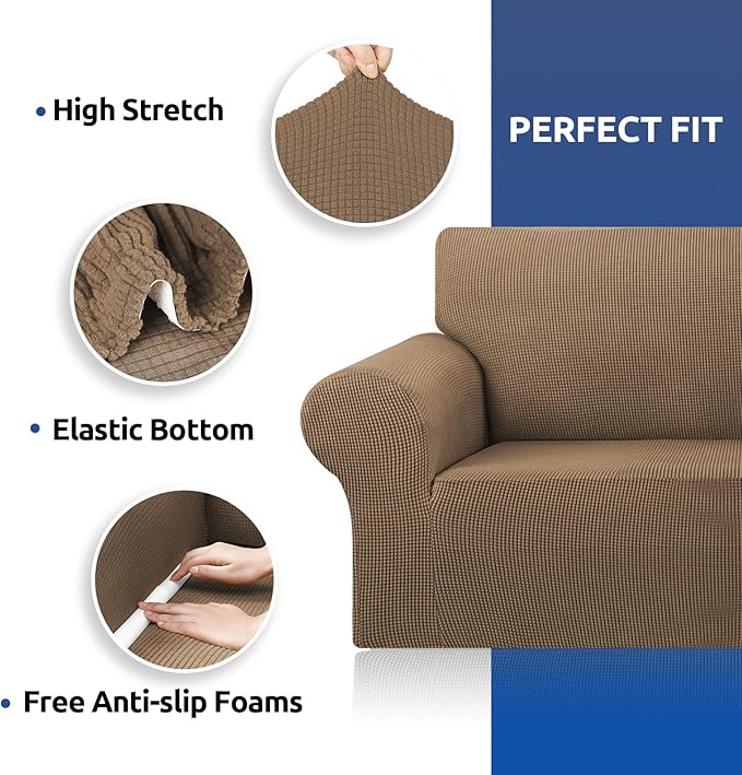 KEKUOU Stretch Loveseat Sofa Cover Slipcover,Couch Covers for 2 Cushion Couch Sofa (55"-78") Furniture Protector Sofa with Elastic Bottom for Kids,Dog. Jacquard Small Checked(Medium,Camel)
