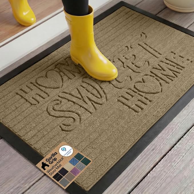 GORILLA GRIP 100% Waterproof All-Season WeatherMAX Doormat 35x23, US Designed Natural Rubber, Stain and Fade Resistant, Low Profile Indoor Outdoor Door Mats, Easy Clean Patio Mat, Home Sweet Home