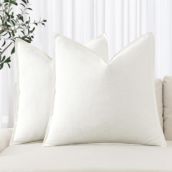 MIULEE Decorative Linen Pillow Covers 16x16 Inch Cream White Boho Farmhouse Neutral Couch Throw Pillows for Bed Pack of 2 Accent Modern Pillowcase Sofa Livingroom Home Decor