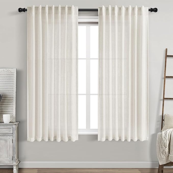 Cream Linen Curtains 65 Inch Length for Living Room 2 Panels Set Neutral Modern Farmhouse Window Curtain Semi Sheer Light Filtering Privacy Back Tab Rod Pocket Drapes for Bedroom Natural Ivory 52x65
