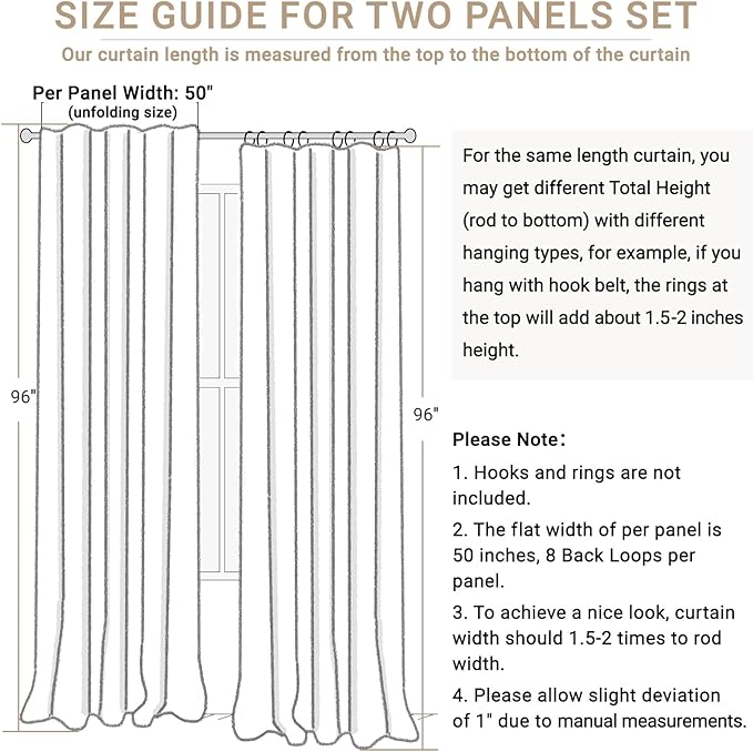 100% Blackout Shield Linen Blackout Curtains for Bedroom 96 Inches Long, Back Tab/Rod Pocket Living Room Drapes, Thermal Insulated Blackout Curtains 2 Panels Set, 50" W x 96" L, Bright White