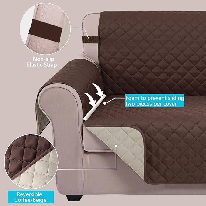 U-NICE HOME Recliner Chair Covers Reversible Chair Cover Pet Covers for Dogs with Elastic Straps Water Resistant Diamond Quilted (28''Recliner Oversized, Coffee/Beige)
