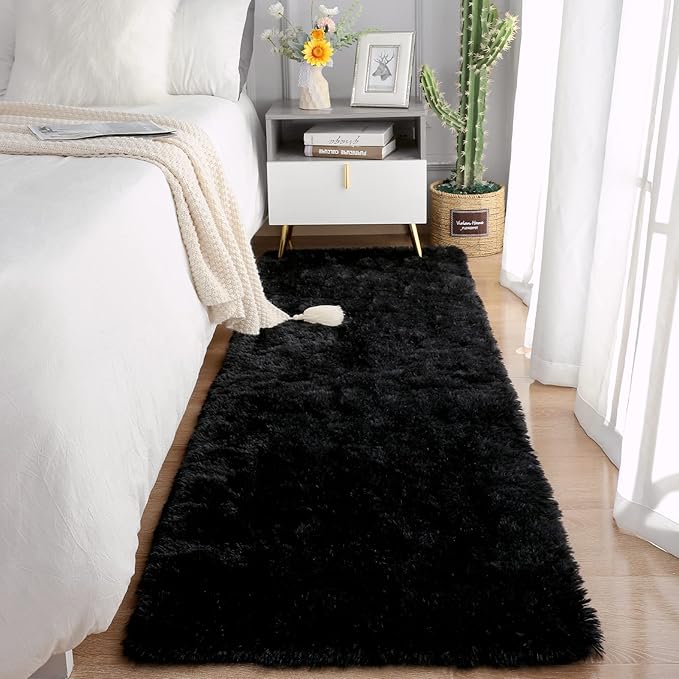 Chicrug Soft Runner Rugs for Bedroom Living Room Plush Fluffy Rug 3x8 Feet, Shag Furry Area Rug Carpet Non Shedding for Nursery Children Kids Girls Room Home Decorative, Black