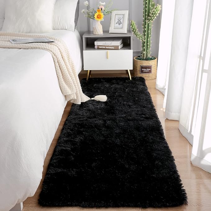 Chicrug Soft 2x10 Runner Rug for Bedroom Living Room Plush Fluffy Rug, Shag Furry Hallway Runner Carpet Rug Non Shedding for Nursery Children Kids Girls Room Home Decorative, Black