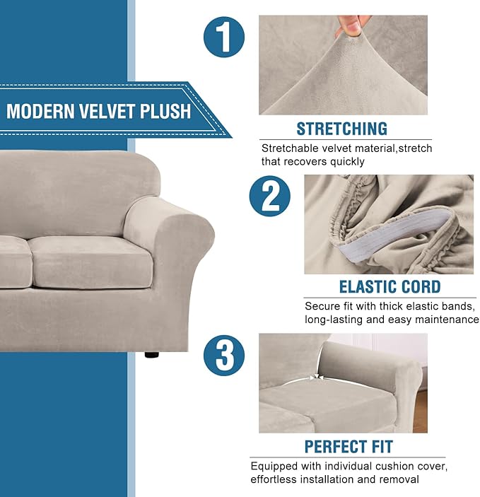 H.VERSAILTEX Real Velvet Plush 3 Piece Stretch Sofa Covers Couch Covers for 2 Cushion Couch Sofa Slipcovers Width Up to 90 Inch Feature Thick Soft Stay in Place (Sofa, French Oak)
