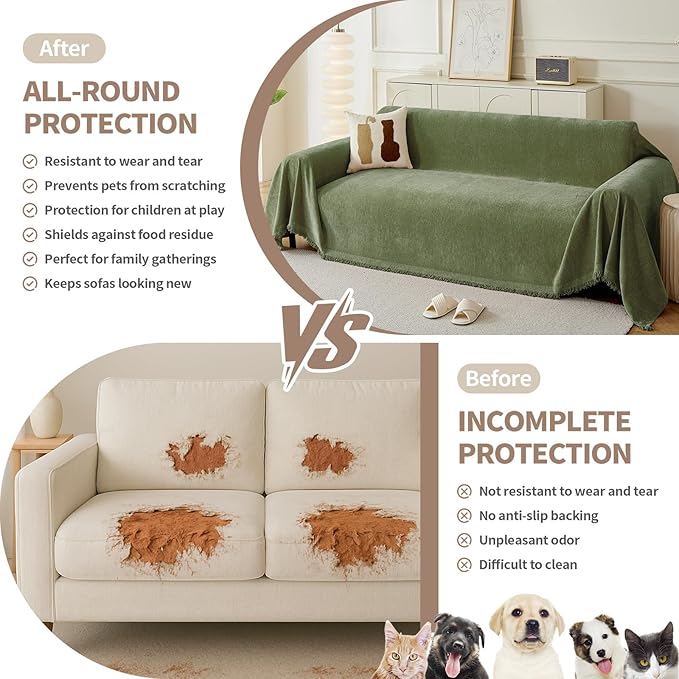 Couch Cover for Dogs, Boho Sofa Covers for 3 Cushion Couch, Chenille Sofa Slipcover for Pets Washable, L-Shape Sectional Couch Cover Soft Throw Blankets with Tassels(91x118,Green)