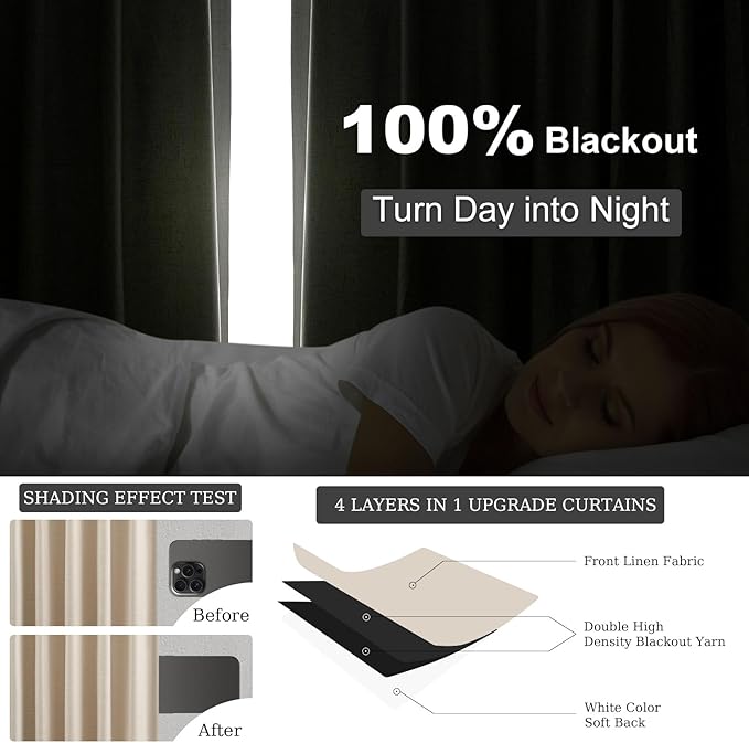 Topfinel 94 Inches Long Tan Colored Custom Blackout Linen Curtains, Internet Famous Beige Pleated Noise Cancelling Curtains with Pin Hooks for Traverse, Flax Linen Viral Drapes 2 Panels for Bedroom