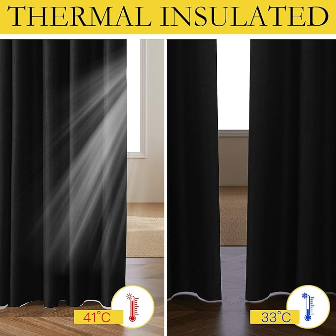 NICETOWN Vintage Open Linen Weave Flax Thermal Curtains, 100% Blackout Curtains 60 inches Long for Dining Room, Soundproof Window Treatment Drapes for Cupboard, Black, 34" Wide Per Panel, Set of 2