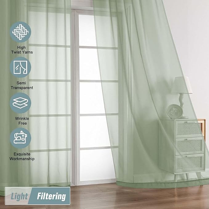 Sage Green Sheer Curtains for Window 96 Inches Long 2 Panels, Soft Airy Light Filtering Voile Sheer Curtains for Living Room Bedroom, Dual Rod Pocket Elegant Window Drapes, 2x42Wx96L Inches