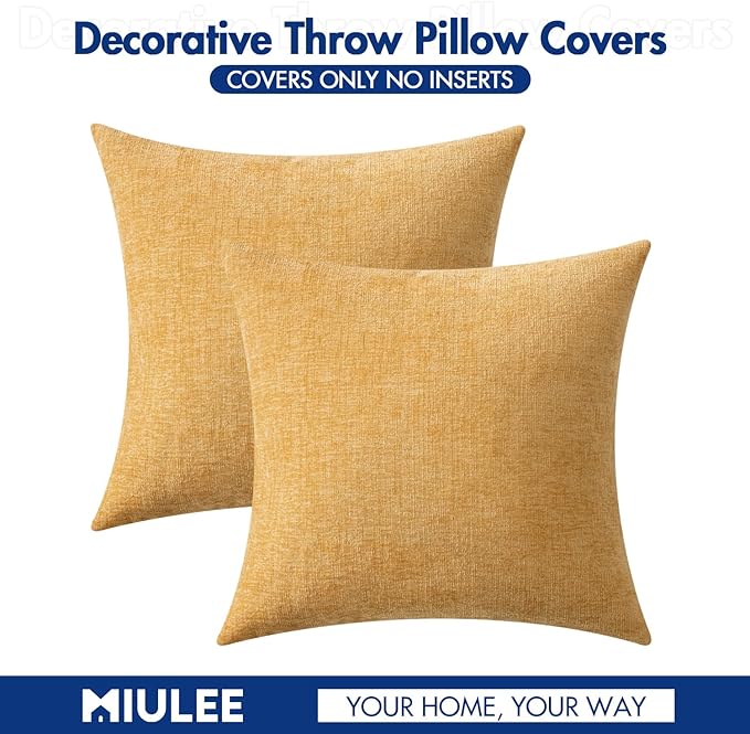 MIULEE Spring Home Decor Pack of 2 Couch Throw Pillow Covers 16x16 Inch Soft Beige Yellow Chenille Pillow Covers for Sofa Living Room Spring Home Decor Couch Solid Dyed Cases