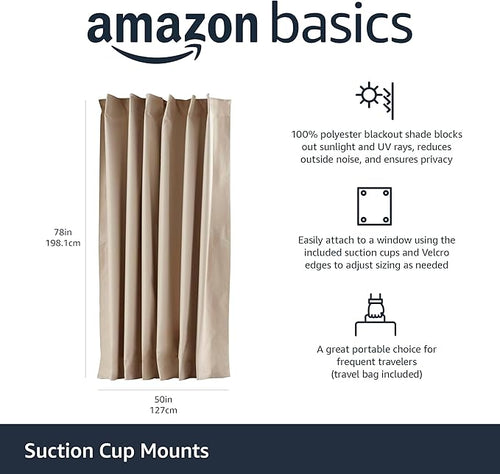 Amazon Basics Portable Blackout Curtain Shade with Suction Cups, Noise Reducing, Energy Saving, 100% Polyester, 50"W x 78"L, Beige, 1-Pack