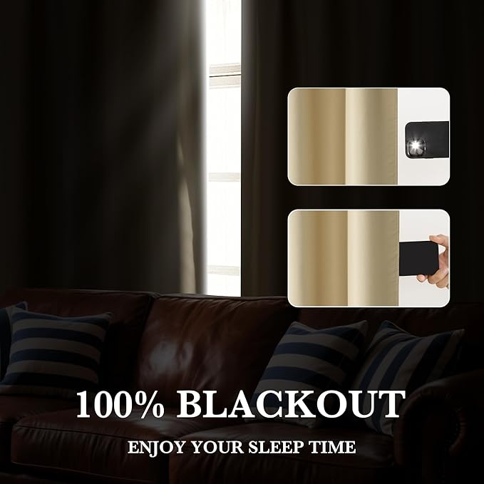RYB HOME 100% Blackout Basement Curtains 36 inches Long, Heat & UV Blocking Total Room Darkening Noise Reducing Curtains for Bathroom RV Campers, Biscotti Beige, 2 Panels Set
