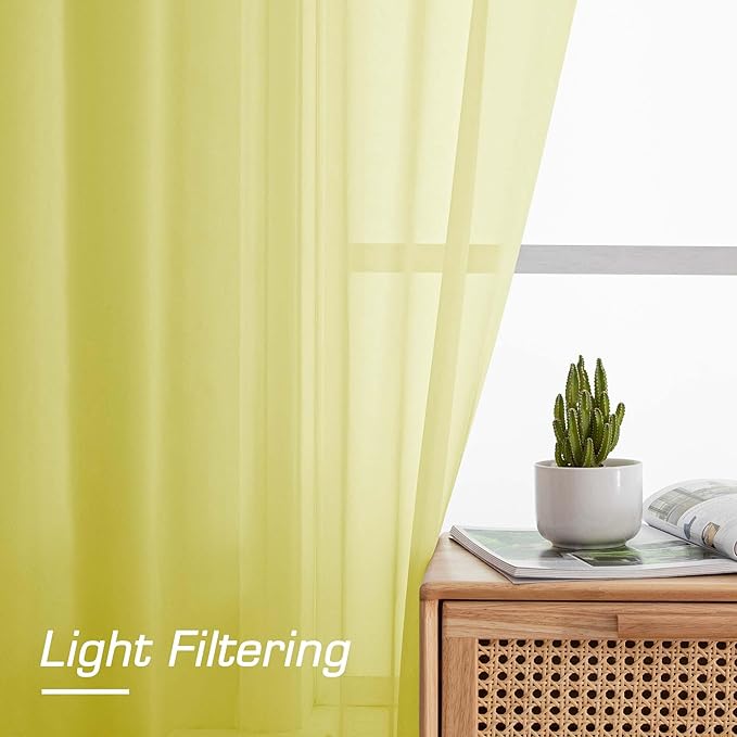 OWENIE Sheer Lemon Curtains for Bedroom Living Room 63 Inch Length 2 Panels Set, Modern Soft Solid Light Filtering Sheer Curtains for Dining Room, Rod Pocket Window Treatments, Lemon, 42" Wx63 L