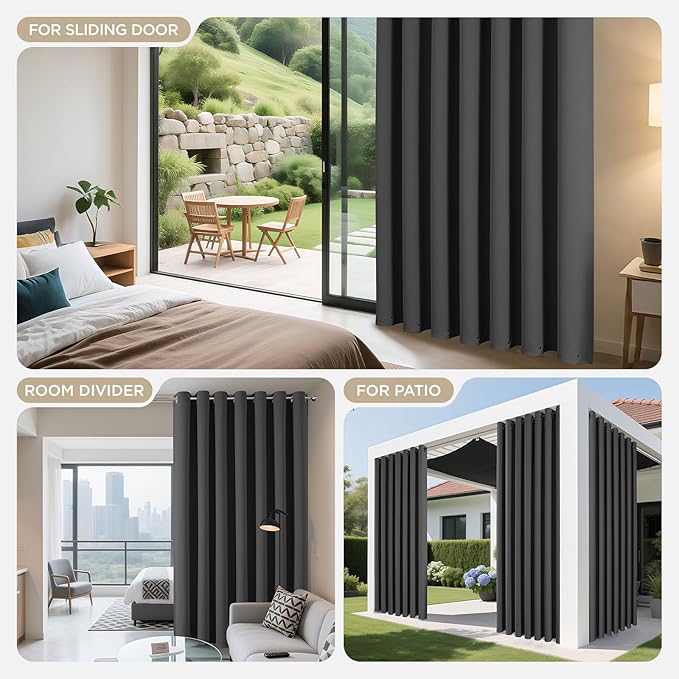Joydeco Blackout Patio Sliding Door Curtains 72 Inches Long, Grommet Privacy Room Divider Curtains, Extra Wide Thermal Blackout Drapes for Bedroom Living Room (Grey, 60Wx72L, 1 Panel)