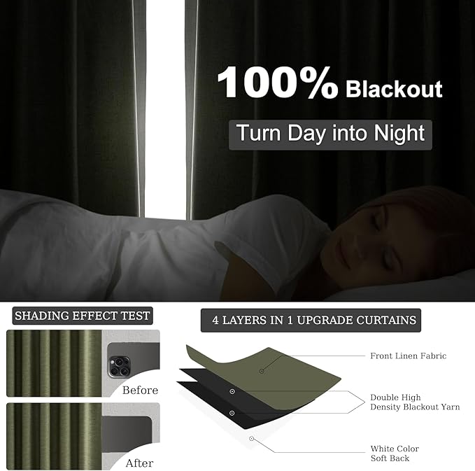 Topfinel 94 Inches Long Flax Custom Blackout Linen Curtains, Viral Pinch Pleated Noise Cancelling Curtains with Pin Hooks for Traverse, Olive Green Burlap Viral Drapes 2 Panels for Living Room
