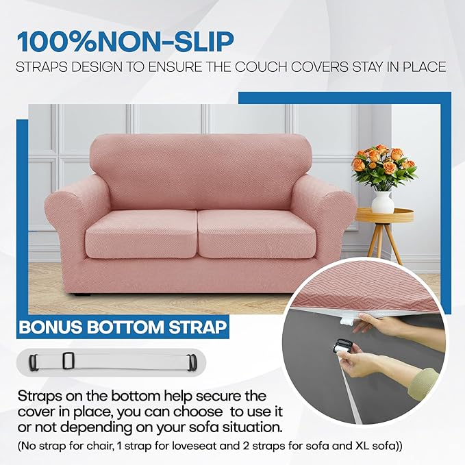 XINEAGE New 3 Pieces Couch Covers for 2 Extra Large Cushion Sofa Super Stretch Sofa Cover for 2 Large Seat Universal Loveseat Slip Cover for Living Room (Dusty Pink), 71"-91"(2 Cushions)