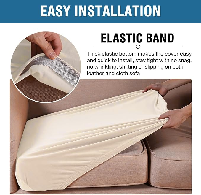 H.VERSAILTEX Velvet Stretch Couch Cushion Cover Plush Cushion Slipcover for Chair Loveseat Sofa Cushion Furniture Protector Seat Cushion Sofa Cover (2 Piece Large Sofa Cushion Covers, Cream)