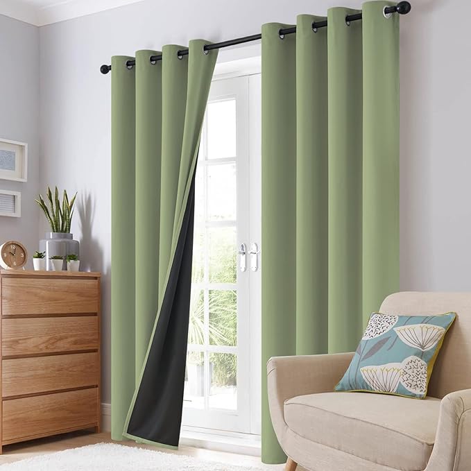 SimpleHome 100% Blackout Curtains for Bedroom,Thermal Insulated Grommet Window Drapes Room Darkening Sage Curtains for Living Room with Black Back,52 x 84 Inch,2 Panels