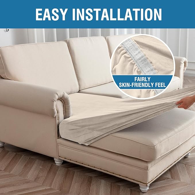 Couch Cover 4-Piece Elastic Velvet Couch Cushion Covers & Chaise Slipcovers for L-Shaped Sofas - Sofa Seat Covers Washable, Soft Protector for Couches (3 Seater + Chaise, Cream)