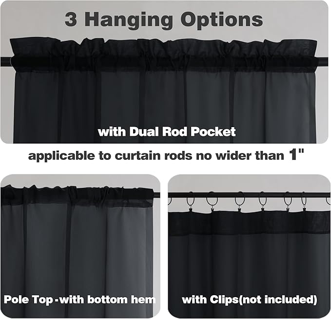 Chyhomenyc Black Sheer Valances for Windows - Light Filtering Small Kitchen Curtains, Rod Pocket Short Top Window Treatment Decor for Living Room Bathroom Basement, 42Wx16L inches, 2 Panels