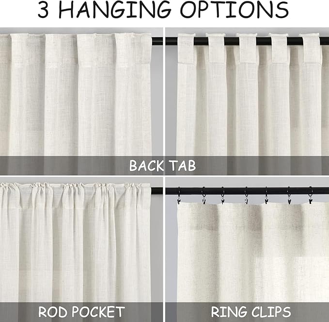 Nanspring 45 Inch Short Window Linen Curtains,for Kitchen Windows Over Sink Semi Sheer Curtain Back Tab and Rod Pocket Neutral Drapes for Cafe/Bathroom/Loft Room Cream 29 x 45,2 Panels