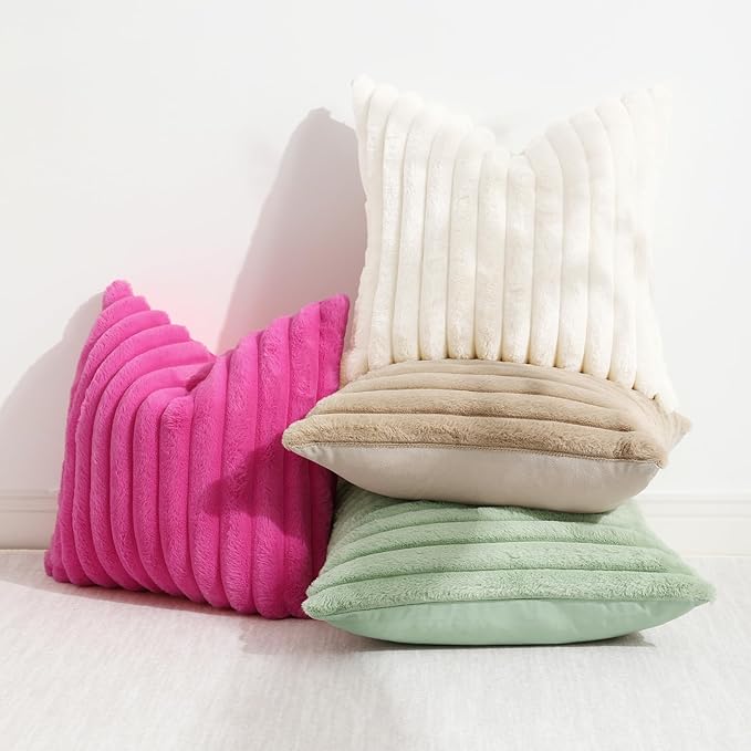 decorUhome Summer Cozy Faux Fur Throw Pillow Covers 26x26 Set of 2 Decorative Soft Plush Striped Modern Farmhouse Boho Couch Euro Sham Pillow Cases with Velvet Back for Sofa Bed Living Room, Hot Pink