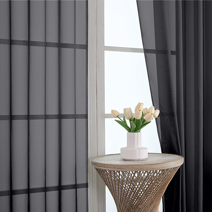 OWENIE Sheer Curtains, Black Sheer Curtains 50 Inch Length 2 Panels Set, Rod Pocket Voile Fimly Sheer Drapes for Living Room Bedroom, 2pcs, Black, Each 42" W x 50" L