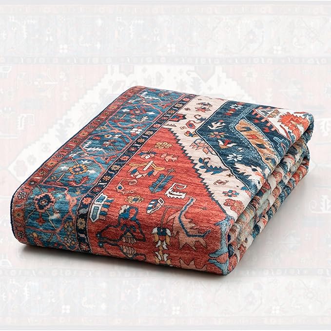 SERISSA Area Rug 3x5 Boho Rugs for Bedroom, Washable Non-Slip Kitchen Rugs, Ultra Soft Print Distressed Tribal Rust Rug Low-Pile Throw Rug Carpet for Entry Bedroom Nursery Living Room Dorm Decor