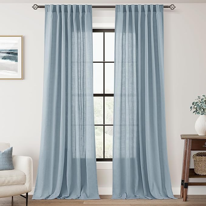 Dusty Blue Linen Curtains for Living Room Back Tab Light Filtering Semi Sheer Light Blue Bedroom Curtains Linen Cotton Textured Grey Blue Drapery Panel Airy Modern Farmhouse Aesthetic Decor 52x90 Long