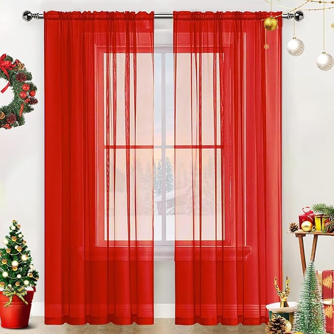 SpaceDresser Basic Rod Pocket Sheer Voile Window Curtain Panels White 1 Pair 2 Panels 42 Width 72 Inch Long for Kitchen Bedroom Children Living Room Yard(Red,42 W x 72 L)