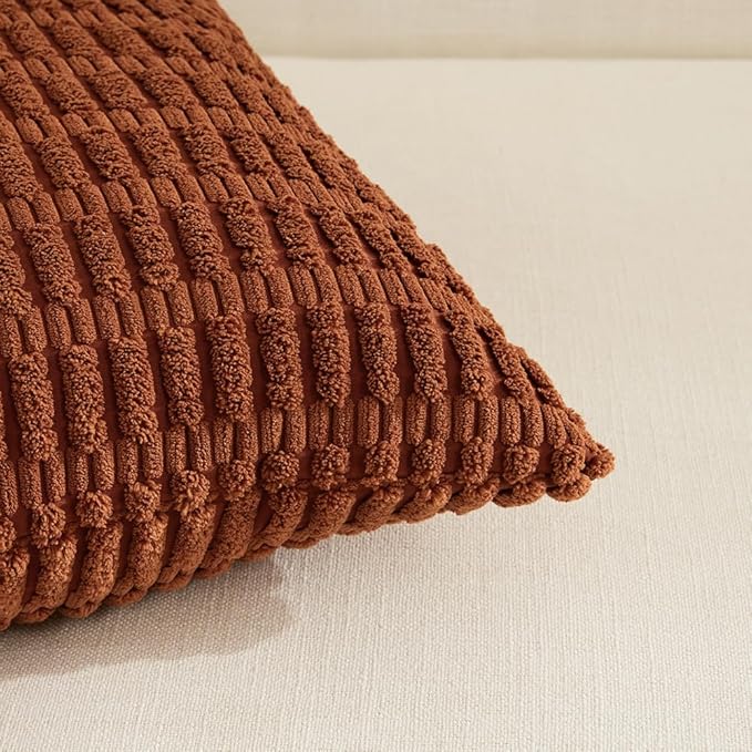 Fancy Homi 4 Packs Rust Decorative Throw Pillow Covers 12x20 Inch for Living Room Couch Bed Sofa, Terracotta Rustic Farmhouse Boho Home Decor, Soft Plush Striped Corduroy Square Cushion Case 30x50 cm