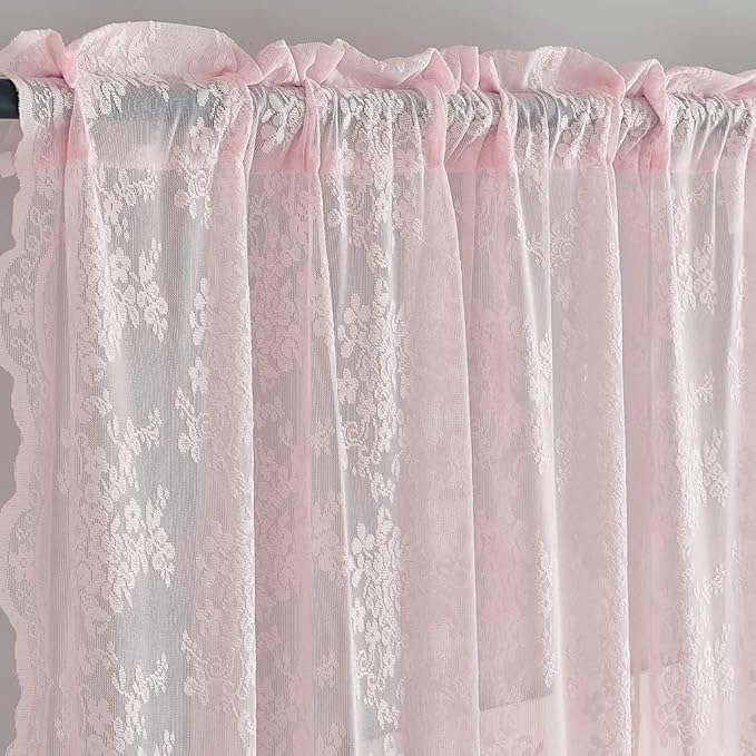 YJ YANJUN Vintage Lace Curtains Cute Pink Floral Cafe Curtains 45 inch Length 2 Panels Short Sheer Drapes for Kitchen Bathroom Laundry Room Girl Nursery Room Décor Rod Pocket 52" W x 45" L Baby Pink