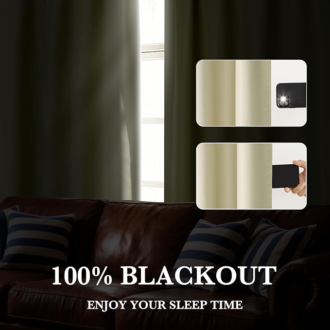 RYB HOME Bedroom Blackout Curtains 63 inches Long, 100% Blackout Thermal Insulated Noise Reducing Curtains for Living Room Nursury, 34 inches Wide by 63 inches Long, Beige