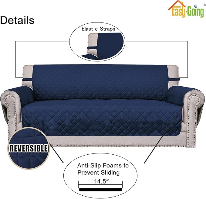 Easy-Going Reversible Loveseat Couch Cover for 2 Cushion Couch Sofa Cover for Dogs Water Resistant Furniture Protector with Foam Sticks Elastic Straps for Pet (Loveseat, Navy/Navy)