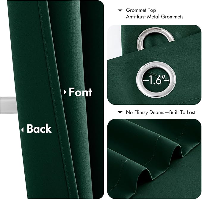 MIULEE Hunter Green Blackout Curtains for Bedroom Living Room 63 Inches Long 2 Panels, Thermal Insulated Room Darkening Drapes Solid Grommet Noise Reduction Light Blocking Window Treatments 50x63 Inch