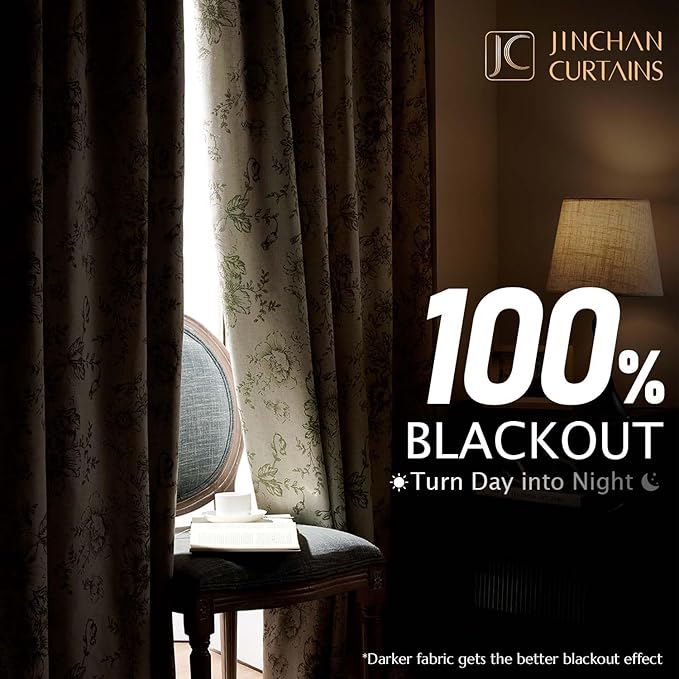 jinchan Blackout Floral Curtains for Living Room Bedroom Linen Blend Curtain Farmhouse Green Printed with Lined Back Tab Rod Pocket Drapes Window Treatments 2 Panels 90 Inch