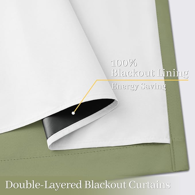 Yakamok 100% Blackout Curtain Panels 96 inches Cold and Light Blocking Drapes for Nursery, 2 Thick Layers Thermal Insulated Draperies (2 Pieces, 50 Wide Each Panel, Sage Front with White Backing)